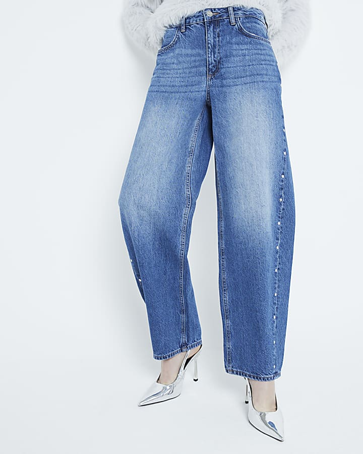 Blue Denim Studded Barrel Jeans