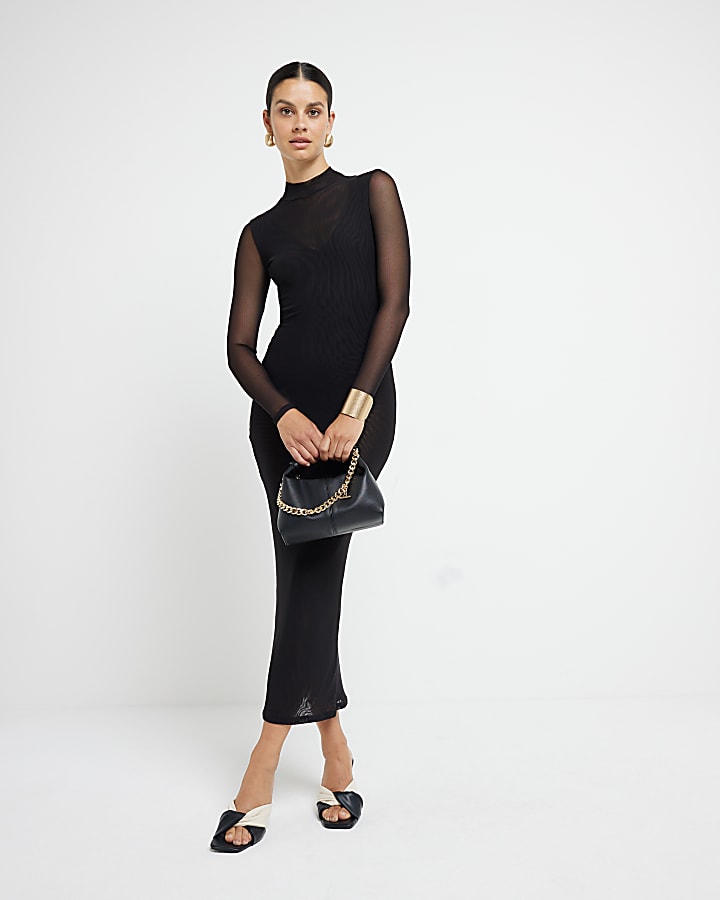 Black Mesh bodycon midi dress
