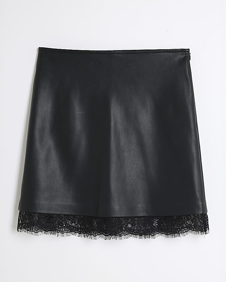 Black Faux Leather Lace Trim Mini Skirt