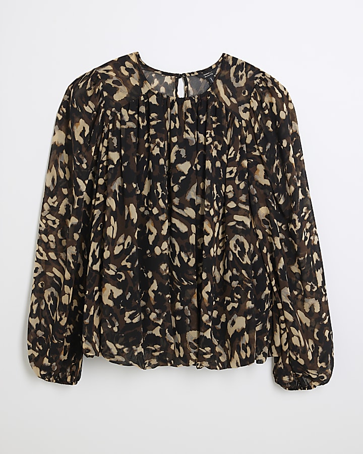 Black Leopard Print Bubble Hem Blouse