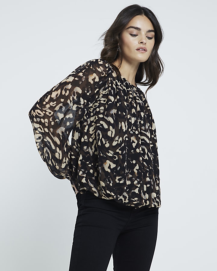 Black Leopard Print Bubble Hem Blouse