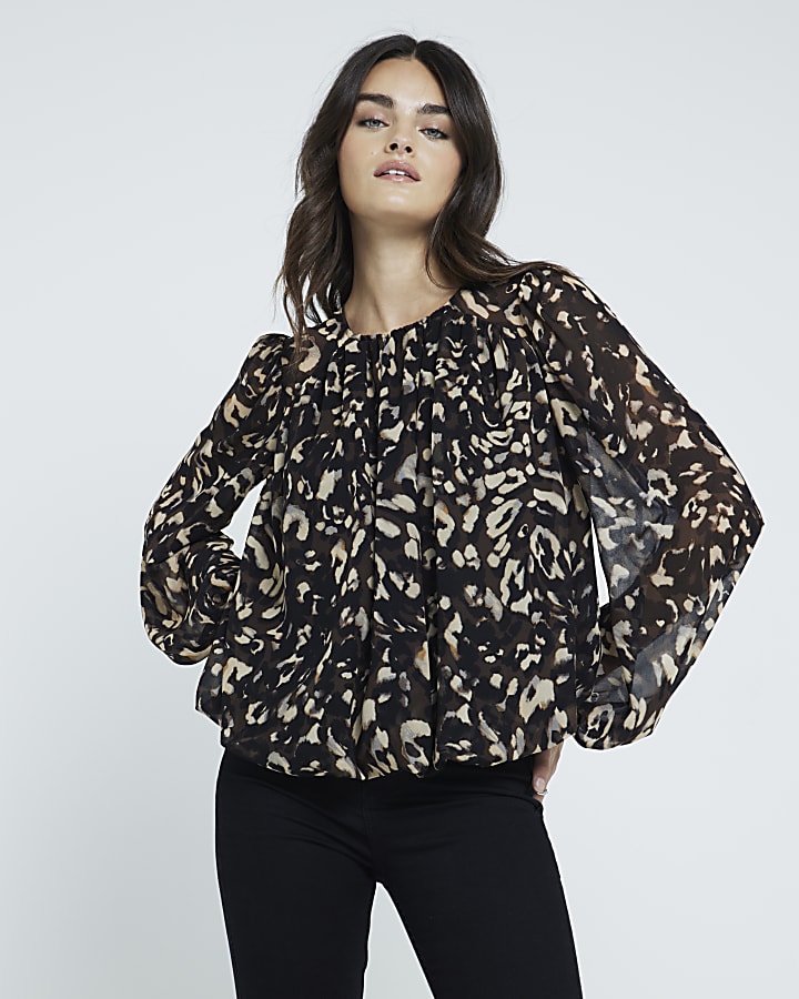 Black Leopard Print Bubble Hem Blouse