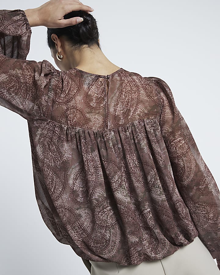 Brown Chiffon Paisley Bubble Hem Blouse