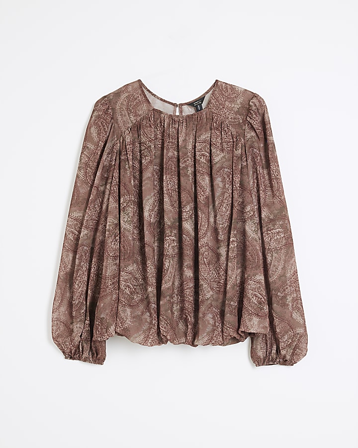 Brown Chiffon Paisley Bubble Hem Blouse