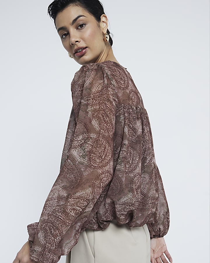 Brown Chiffon Paisley Bubble Hem Blouse