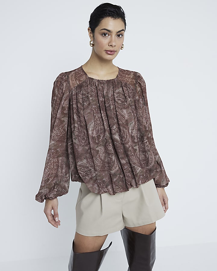 Brown Chiffon Paisley Bubble Hem Blouse