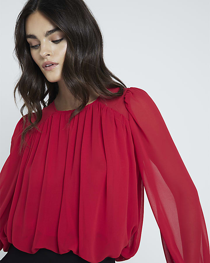 Red Loose Fit Bubble Hem Blouse