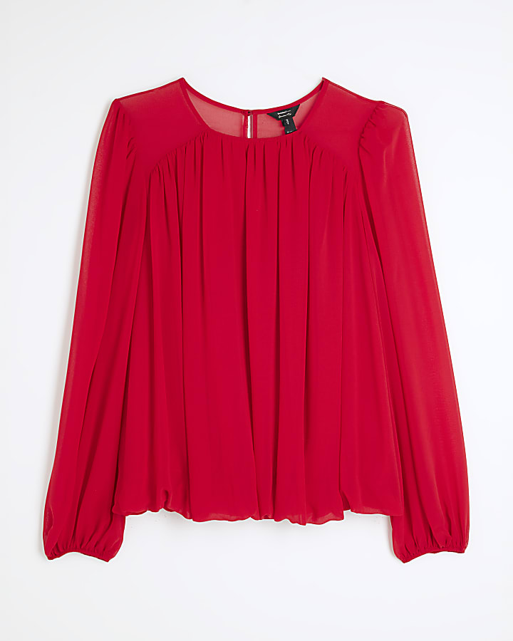 Red Loose Fit Bubble Hem Blouse