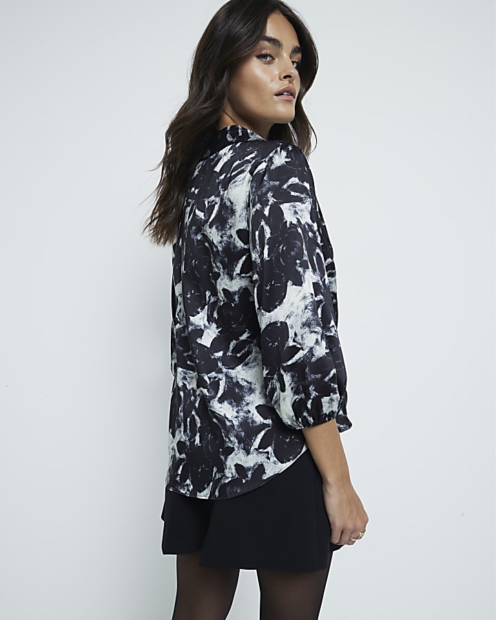 Black floral print wrap shirt