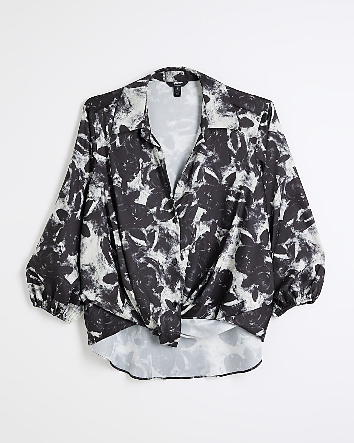 Black floral print wrap shirt