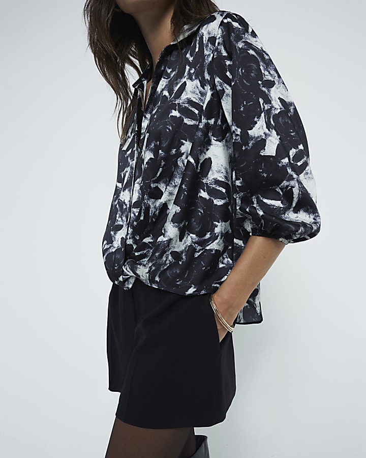 Black floral print wrap shirt