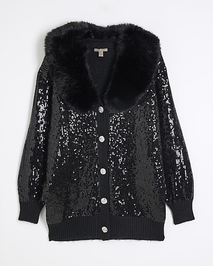 Black Faux Fur Collar Sequin Cardigan