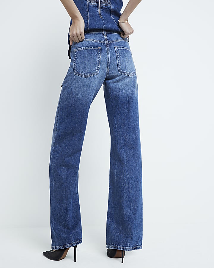 Blue Denim Relaxed Straight Embellished Jeans