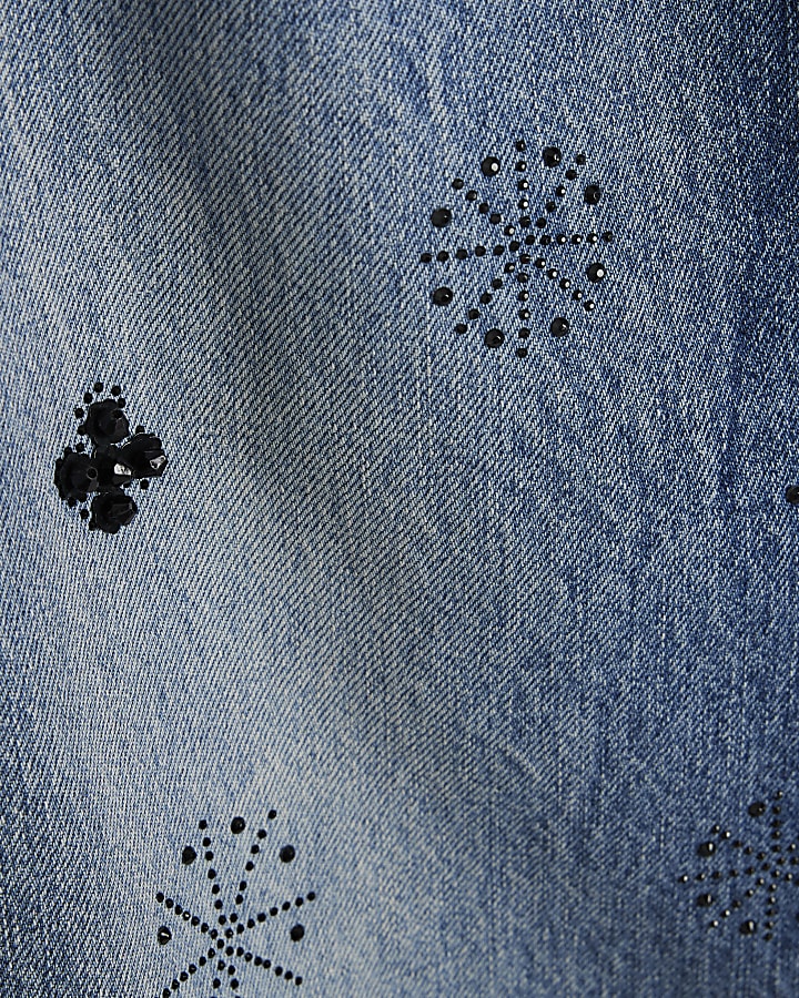 Blue Denim Relaxed Straight Embellished Jeans