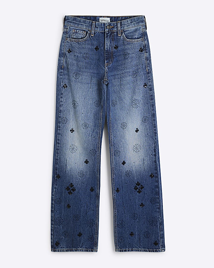 Blue Denim Relaxed Straight Embellished Jeans