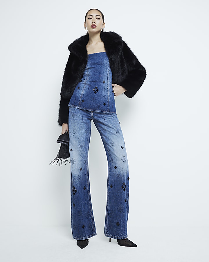 Blue Denim Relaxed Straight Embellished Jeans