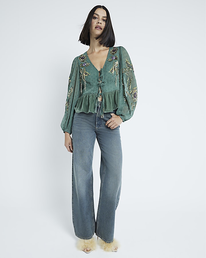 Green Velvet Tie Front Embroidery Top