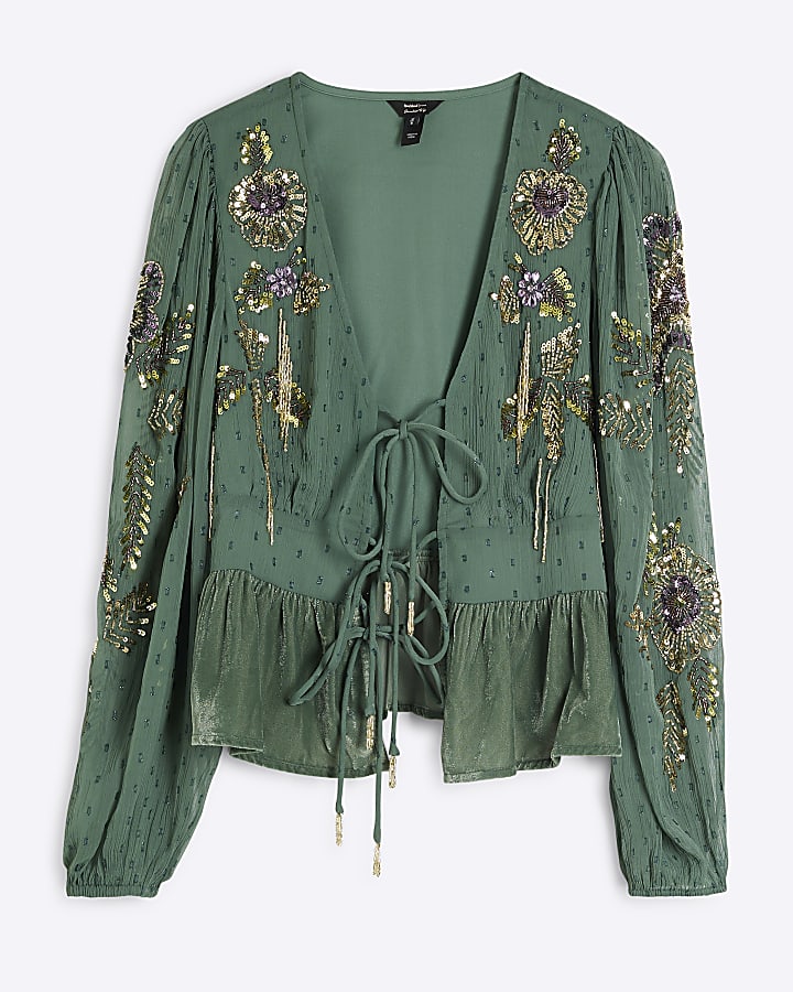 Green Velvet Tie Front Embroidery Top