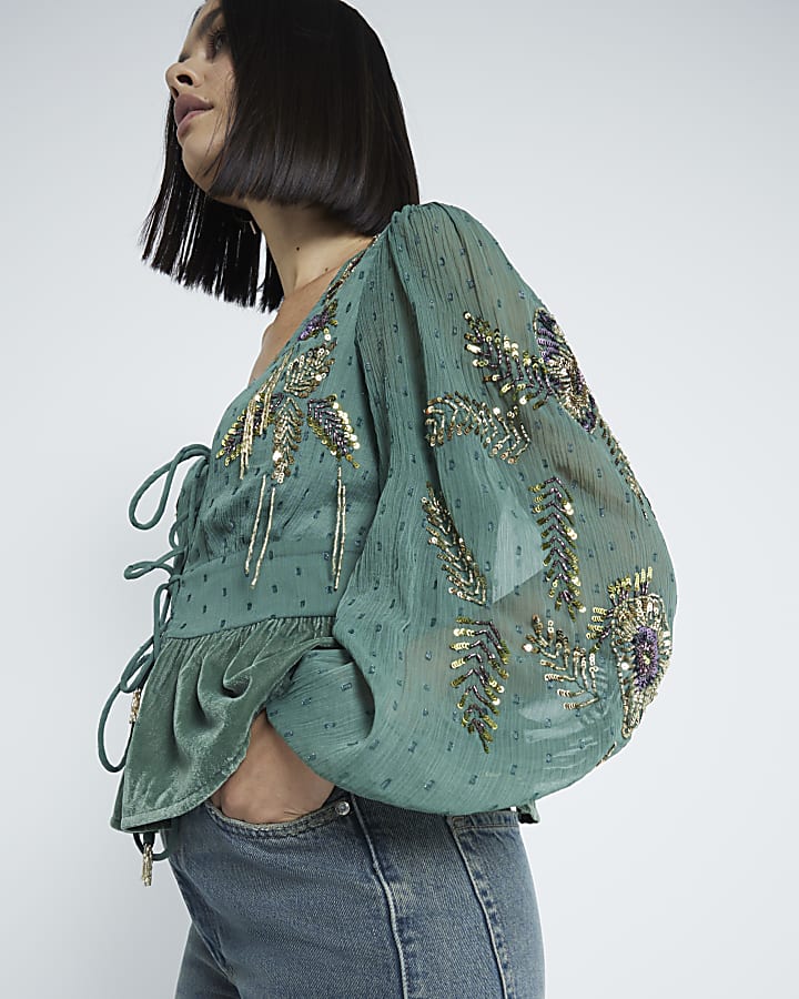 Green Velvet Tie Front Embroidery Top