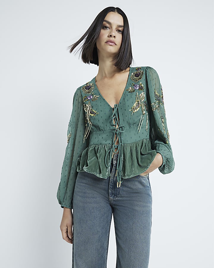 Green Velvet Tie Front Embroidery Top