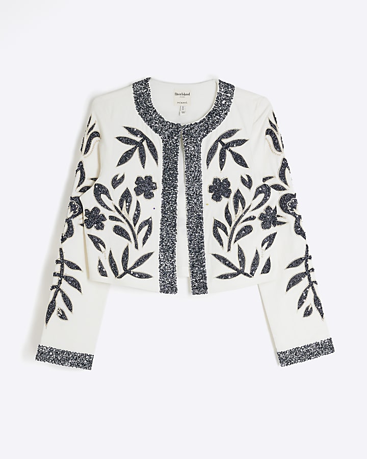 Cream Embellished Floral Long Sleeve Jacket