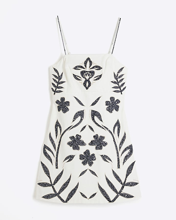 Cream Embroidered Mini Dress