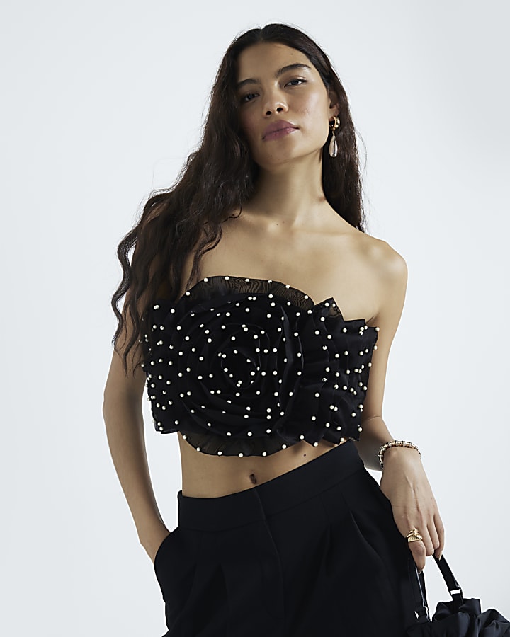 Black Pearl Corsage Bandeau Crop Top