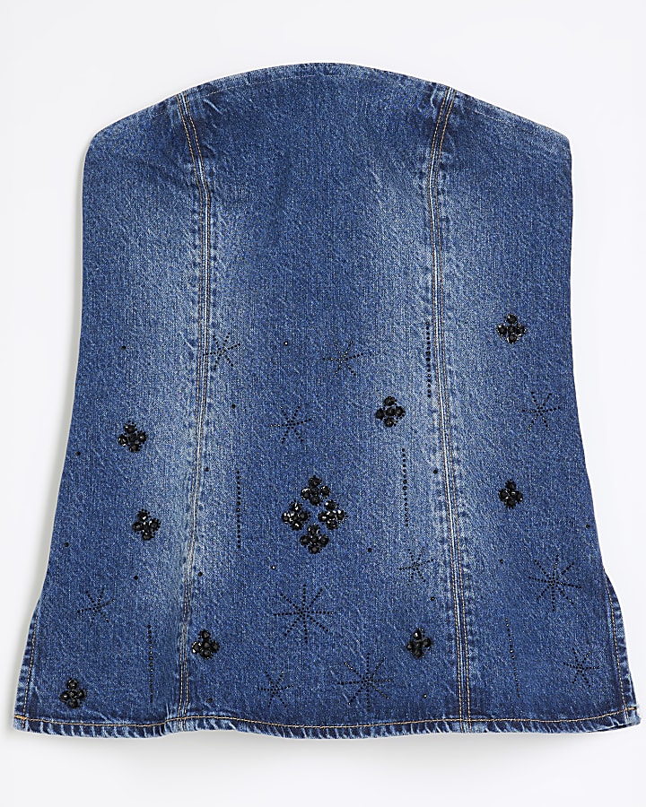 Blue Denim Embellished Bandeau Top