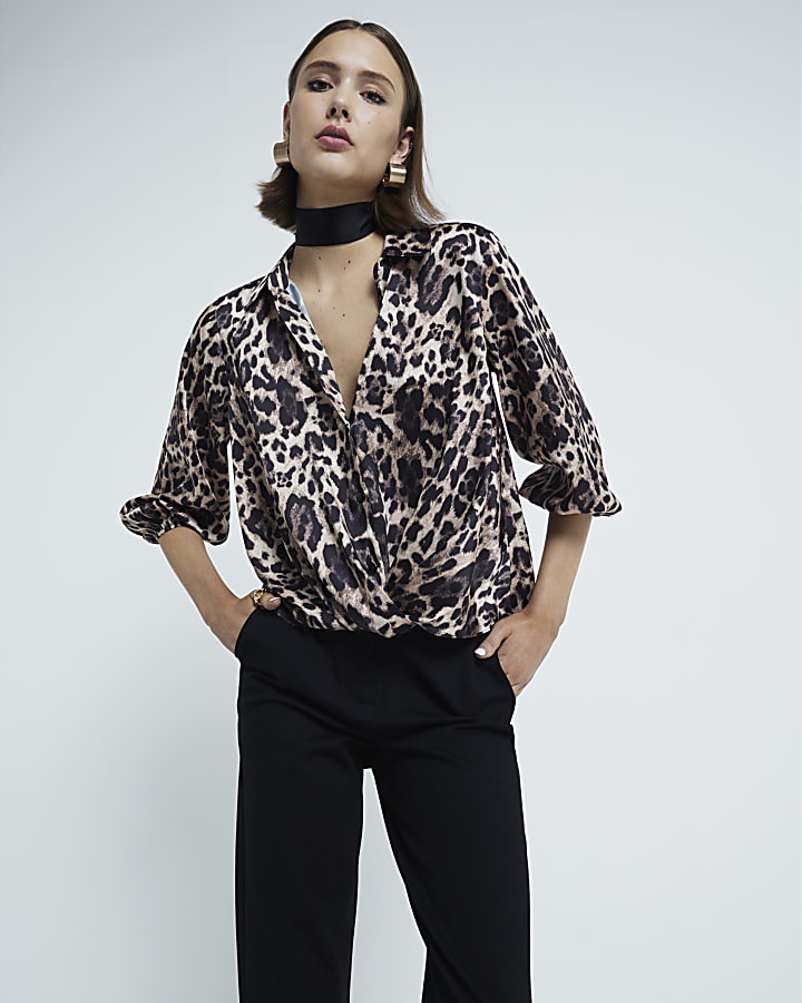 Brown Leopard Print Wrap Shirt