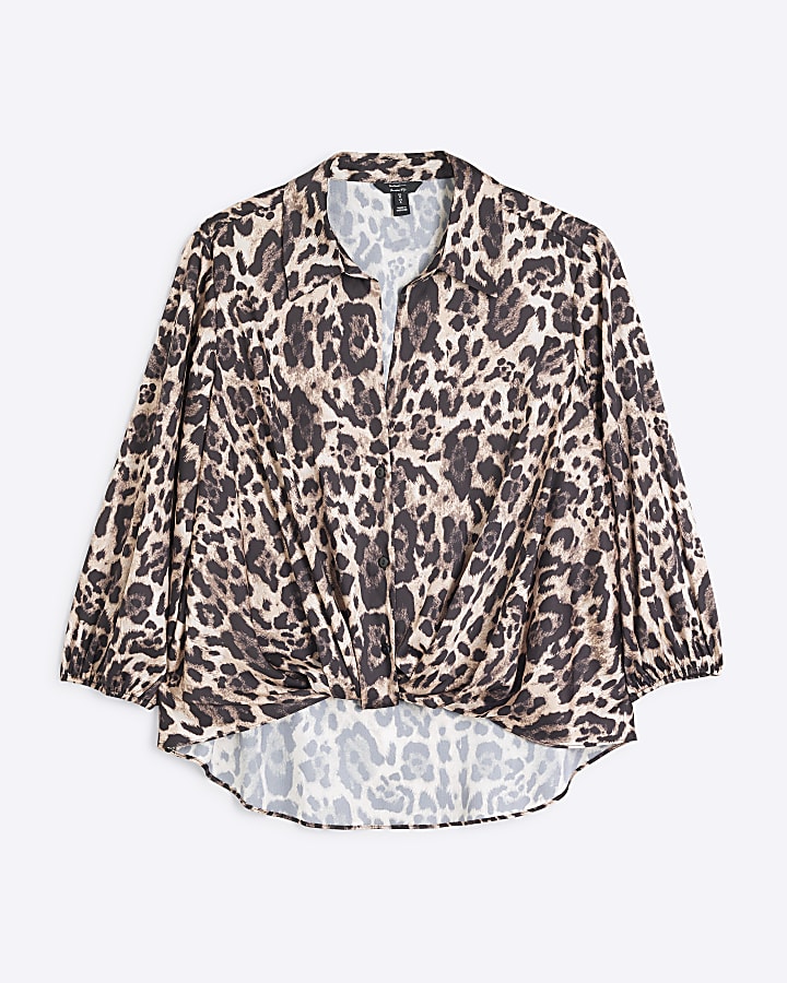 Brown Leopard Print Wrap Shirt