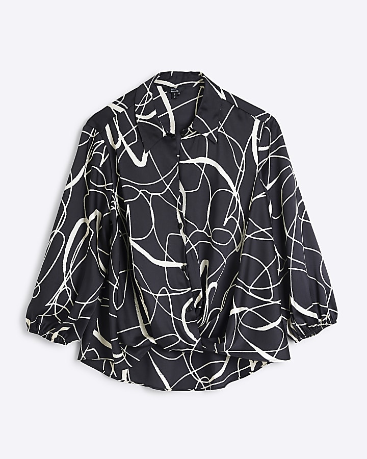 Black swirl print wrap shirt