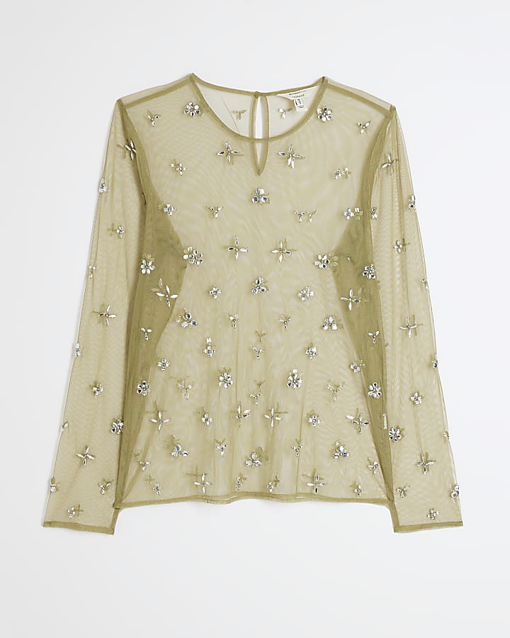 Green Embellished Mesh Long Sleeve Top