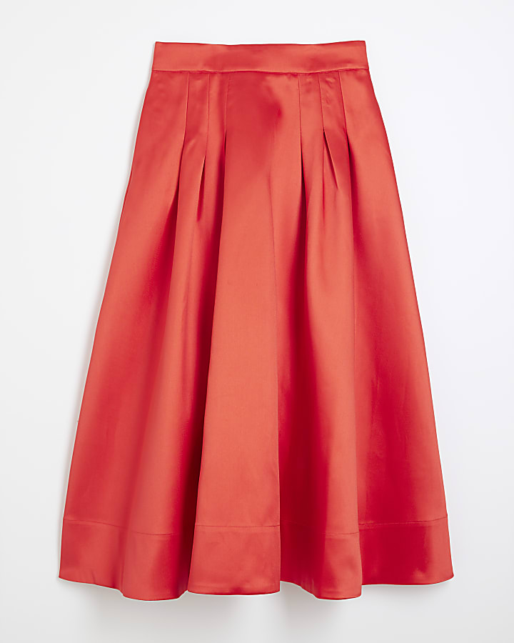 Red Satin Midi Skirt