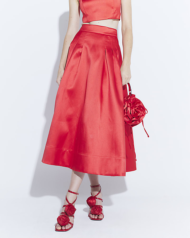 Red Satin Midi Skirt