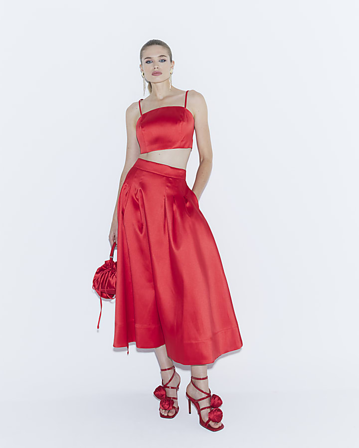 Red Satin Midi Skirt