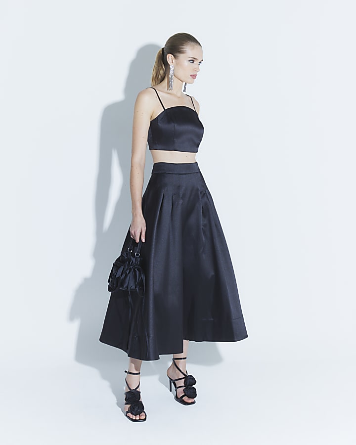 Black Satin Midi Skirt