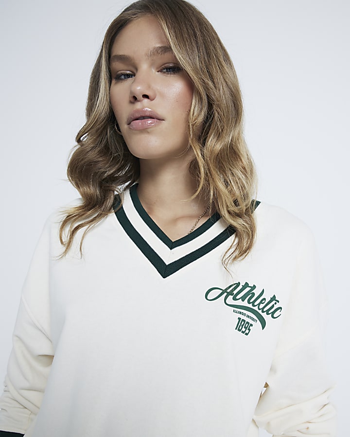 Cream Tipped Sporty V Neck Sweatshirt