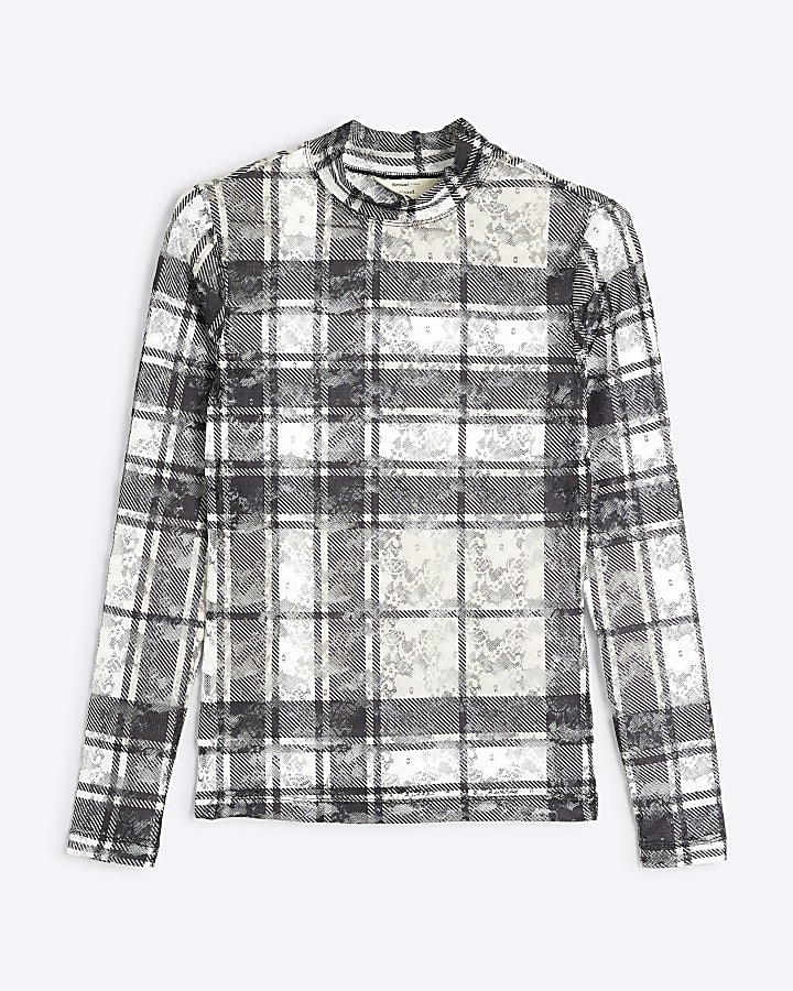 Beige Mesh Long Sleeve Check Top