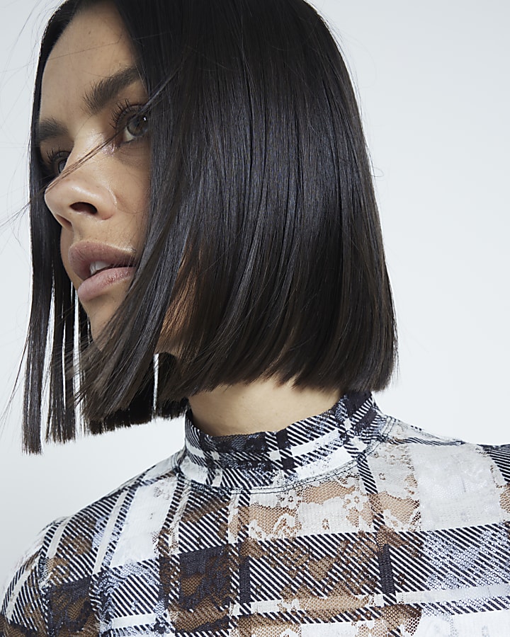 Beige Mesh Long Sleeve Check Top