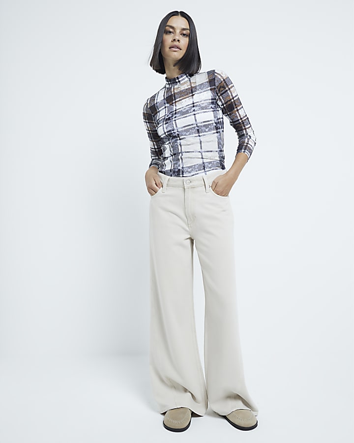 Beige Mesh Long Sleeve Check Top
