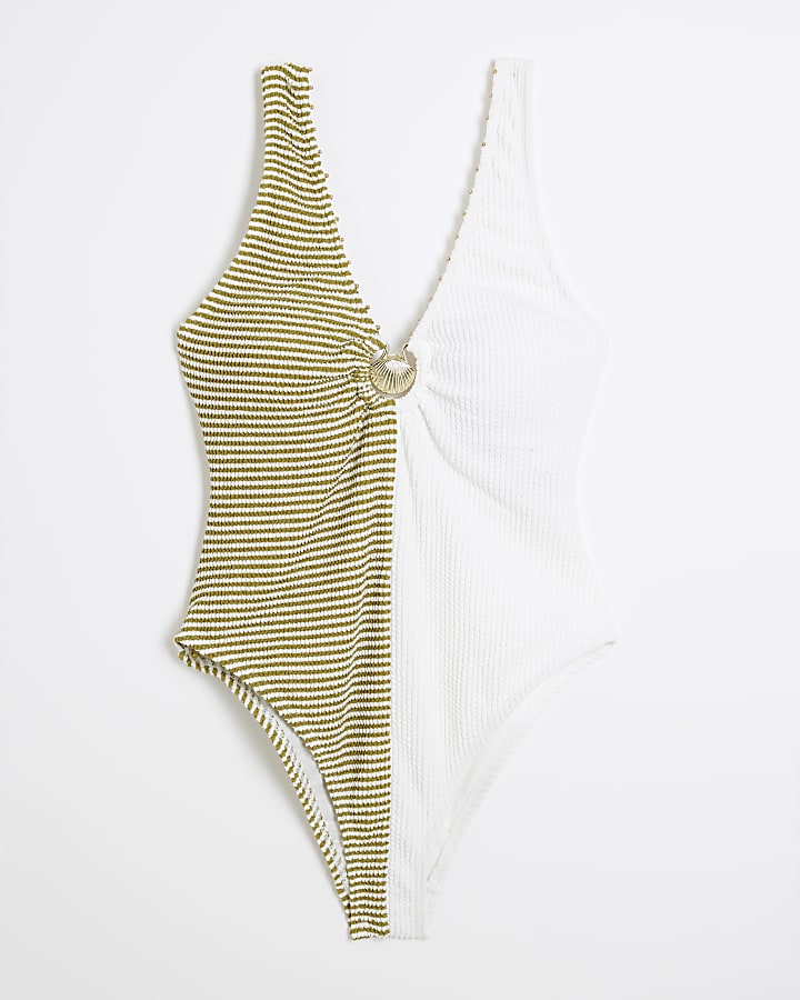 Khaki Spliced Stripe Texture Swimsuit