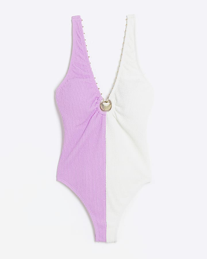 Purple Spliced Stripe Texture Swimsuit