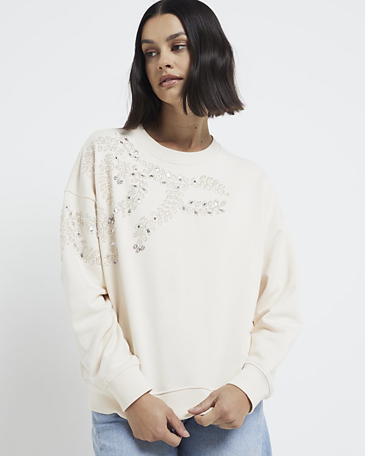 Cream Embellished Leaf Sweatshift