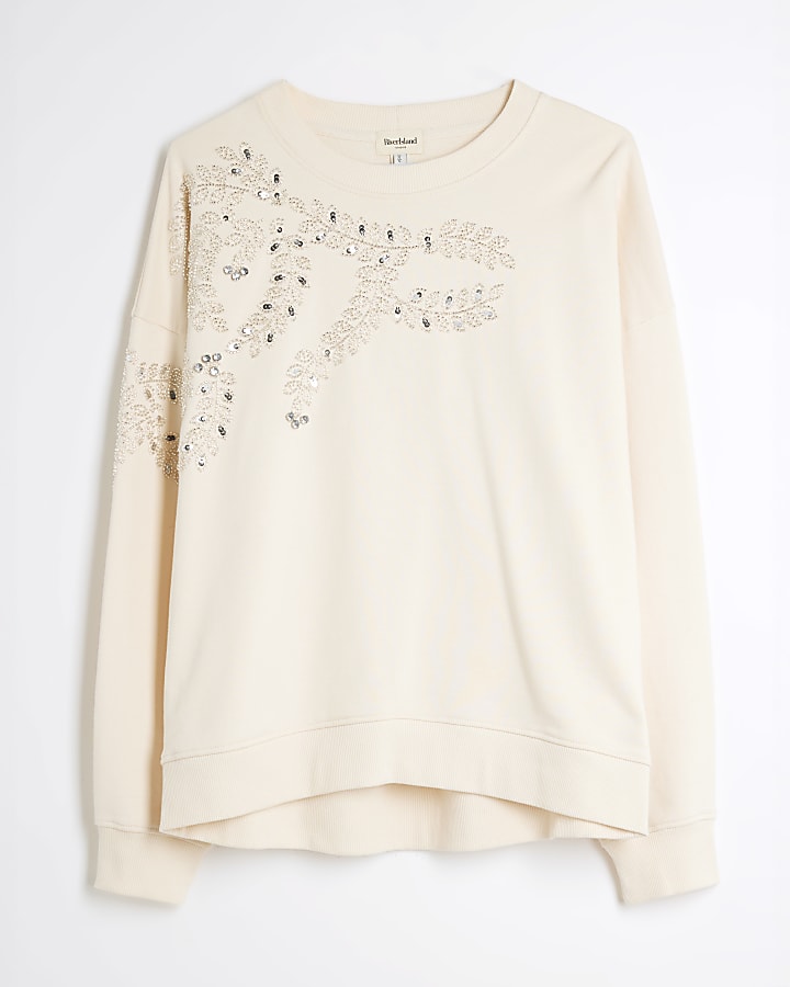 Cream Embellished Leaf Sweatshift