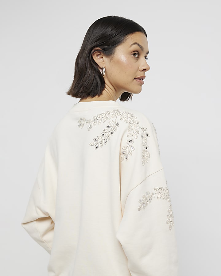 Cream Embellished Leaf Sweatshift