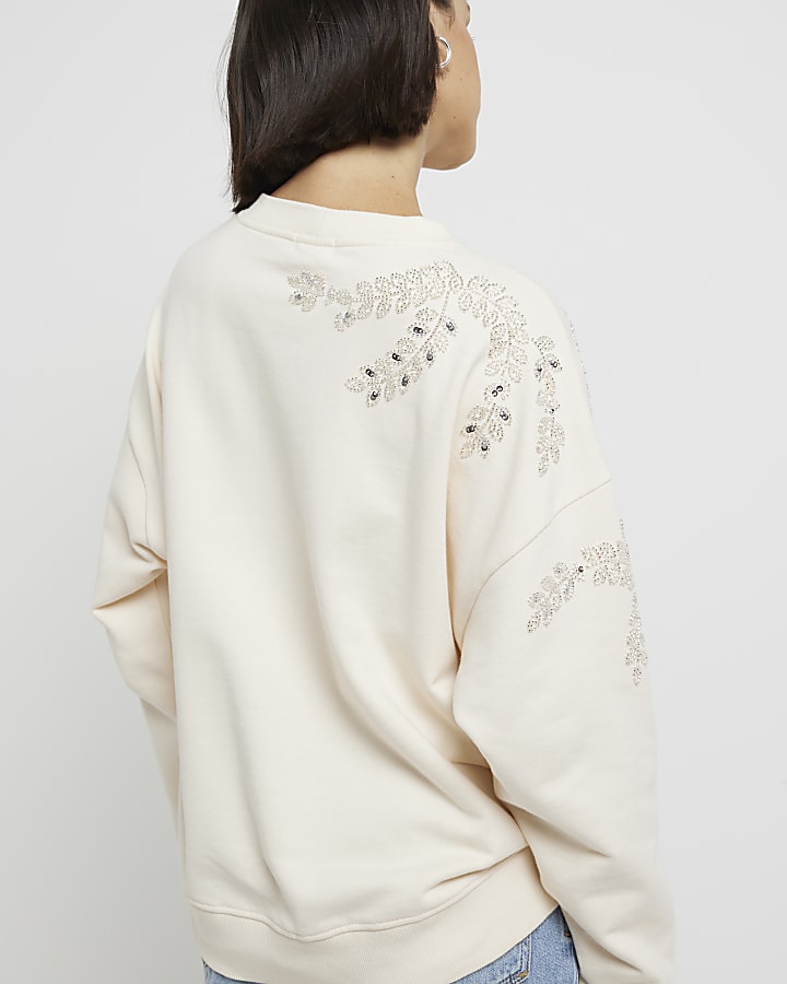 Cream Embellished Leaf Sweatshift