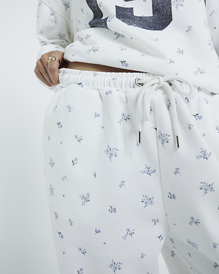 White Floral Print Joggers