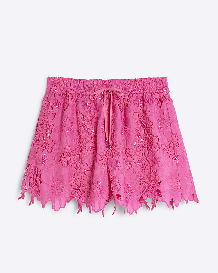 Pink Cutwork Sequin Shorts