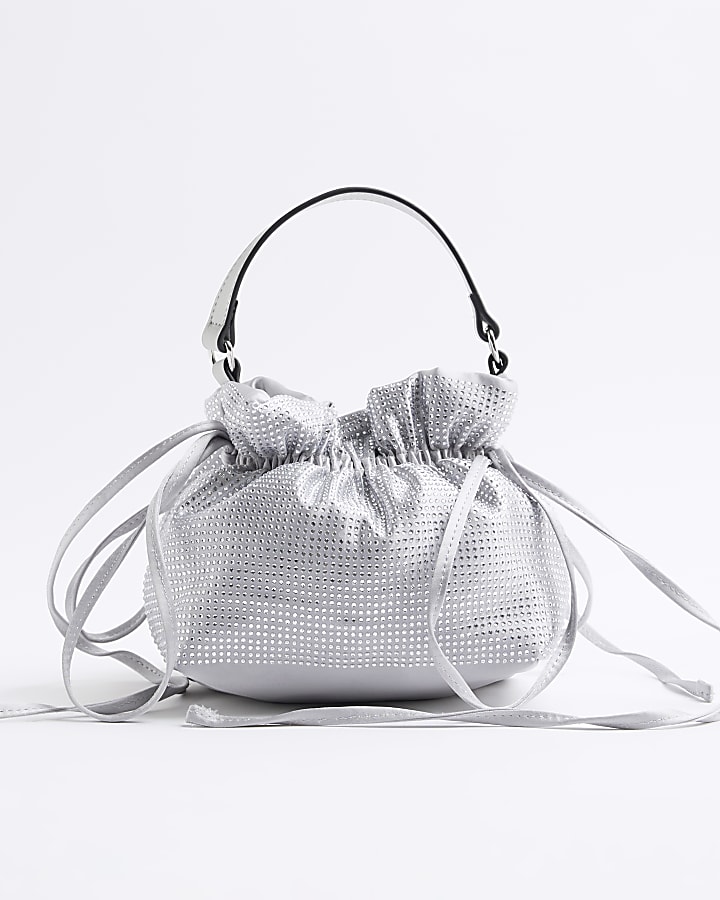 Silver Corsage Diamante Top Handle Bucket Bag