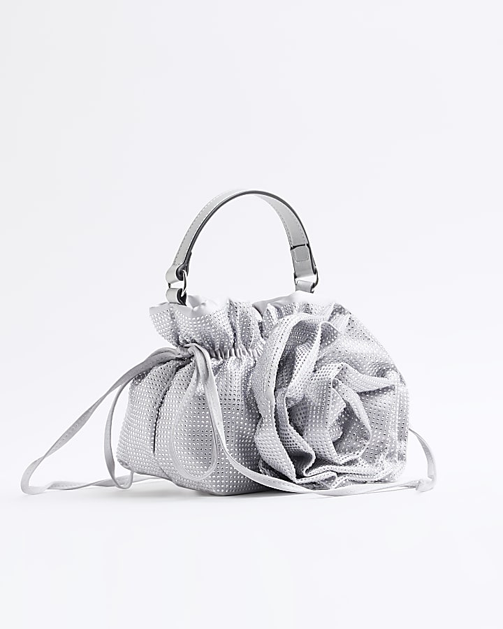 Silver Corsage Diamante Top Handle Bucket Bag